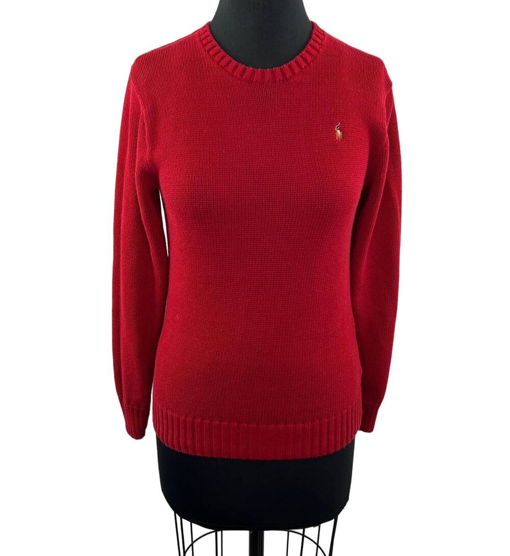 Polo Ralph Lauren Women's Vintage Red Cotton Knit Crew Pullover Yellow Pony L
